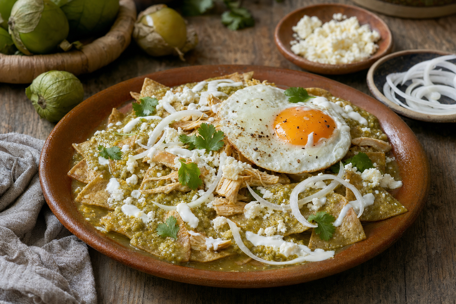 Chilaquiles verdes — Knusprige Tortilladreiecke in grüner Tomatillo-Salsa mit Crema und Queso fresco