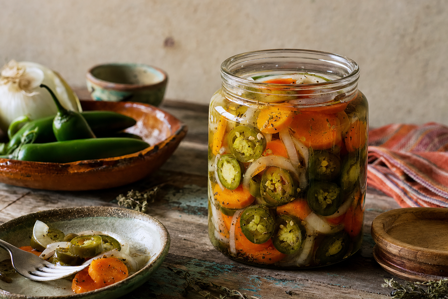 Chiles en Escabeche — Eingelegte Jalapeños mit Karotten und Zwiebel – scharf, säuerlich, würzig