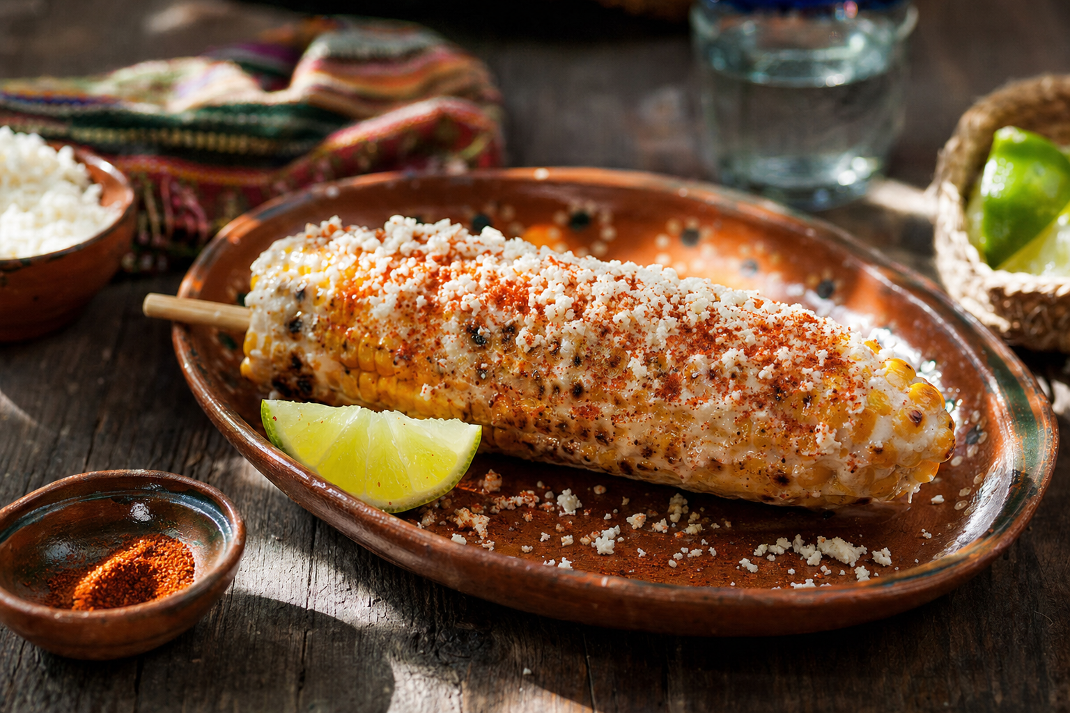 Elote — Gegrillter Maiskolben mit Mayonnaise-Creme, Cotija, Chili und Limette