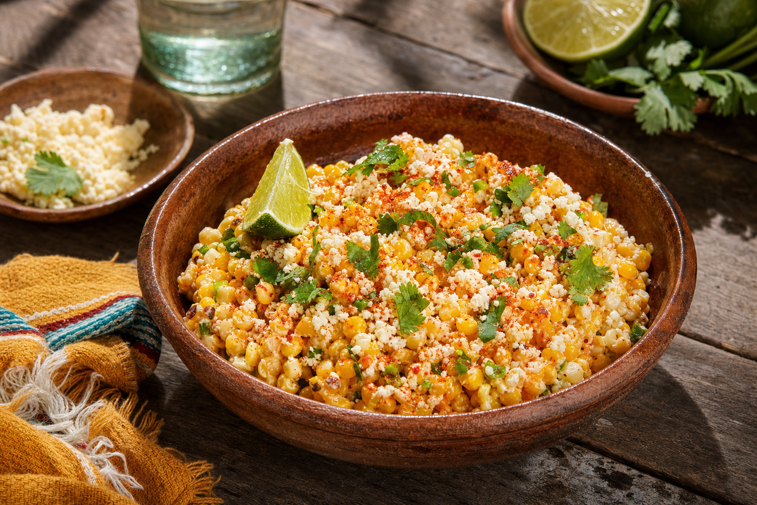 Esquites — Gebratener Mais mit Limette, Chili, Cotija und Koriandergrün – cremig, frisch, scharf