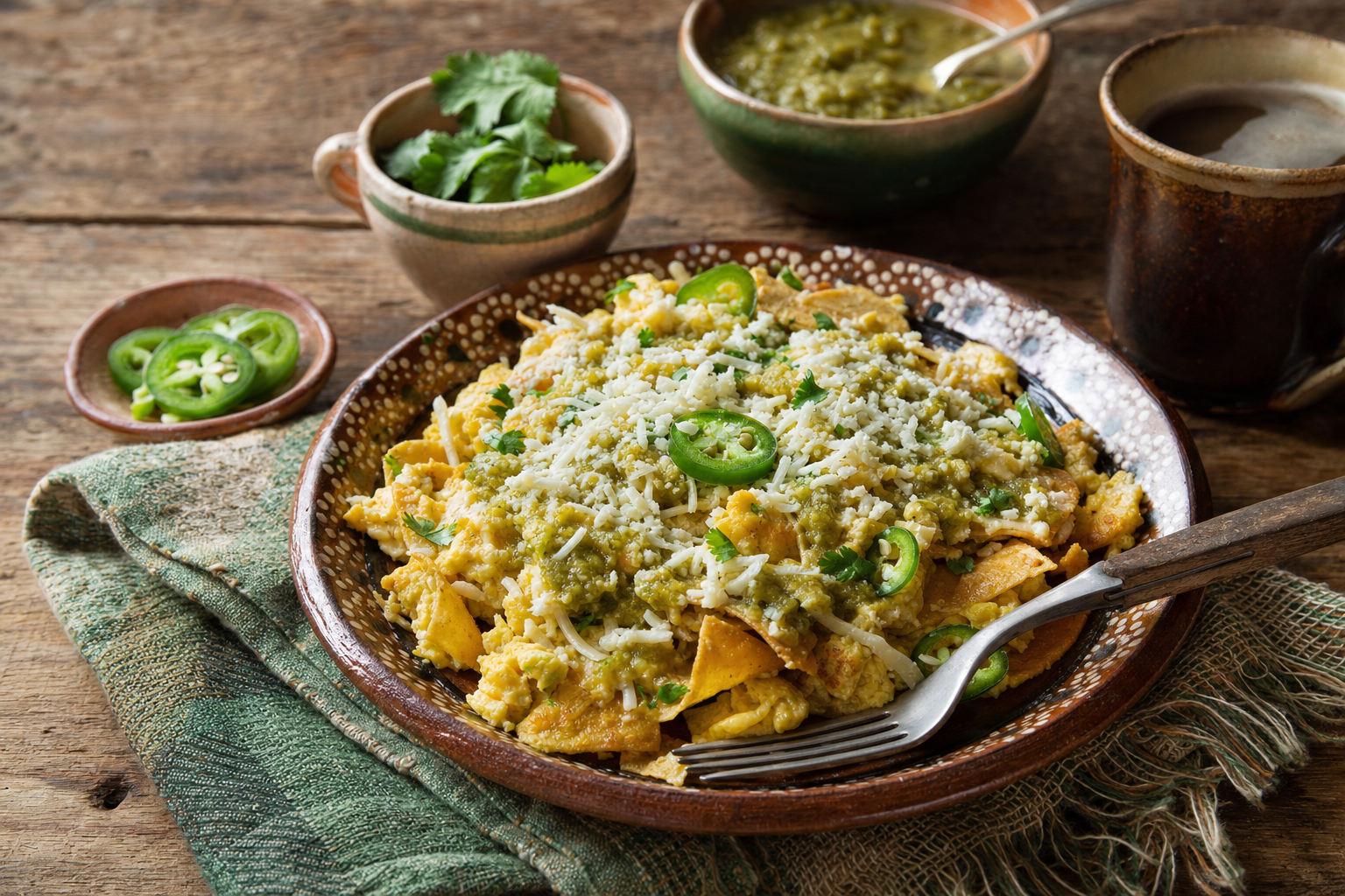 Migas — Rührei mit knusprigen Tortillastücken, Jalapeño und gerösteter Salsa verde