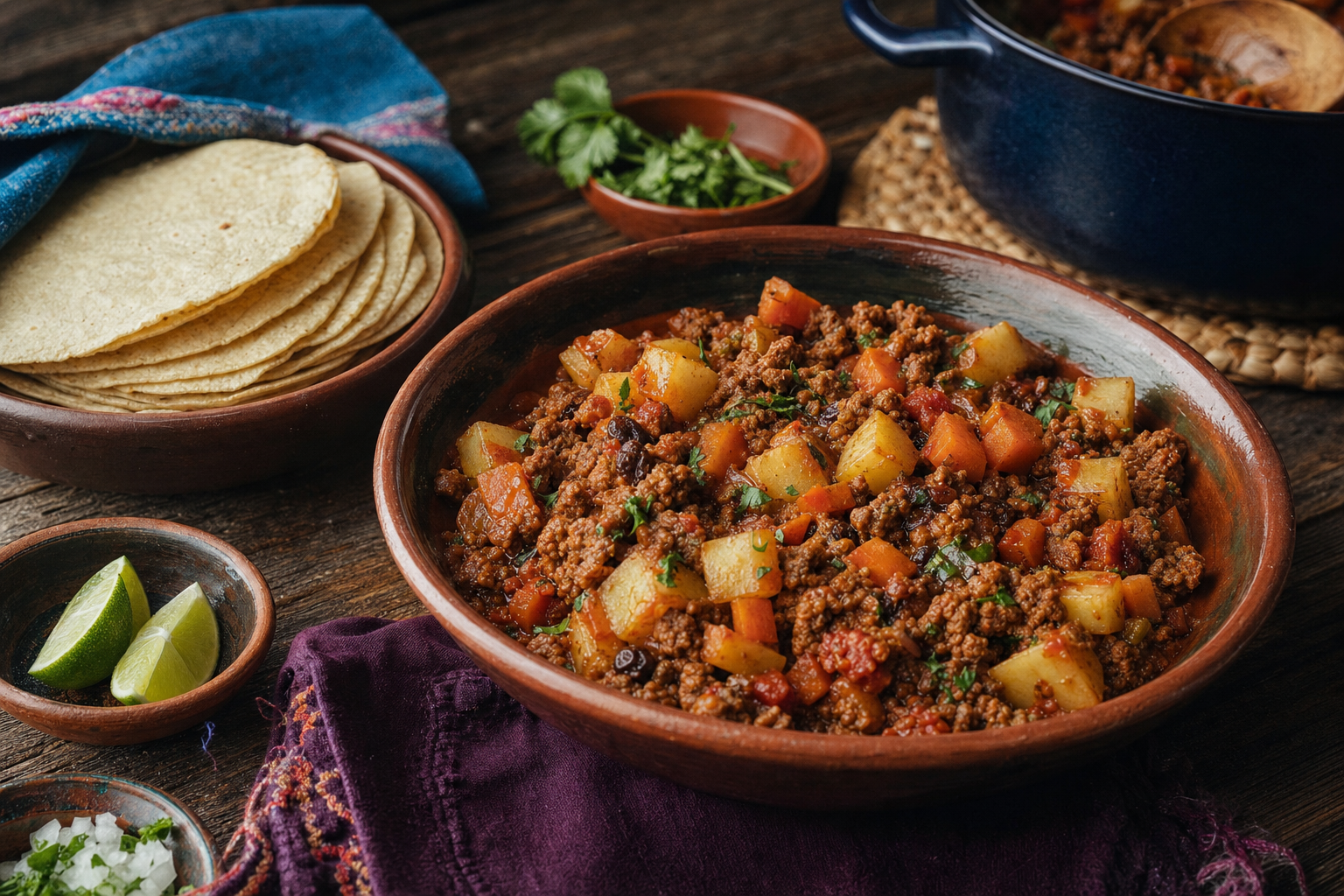 Picadillo — Würziges Rinderhackfleisch mit Kartoffeln, Karotten und gerösteter Tomaten-Jalapeño-Sauce