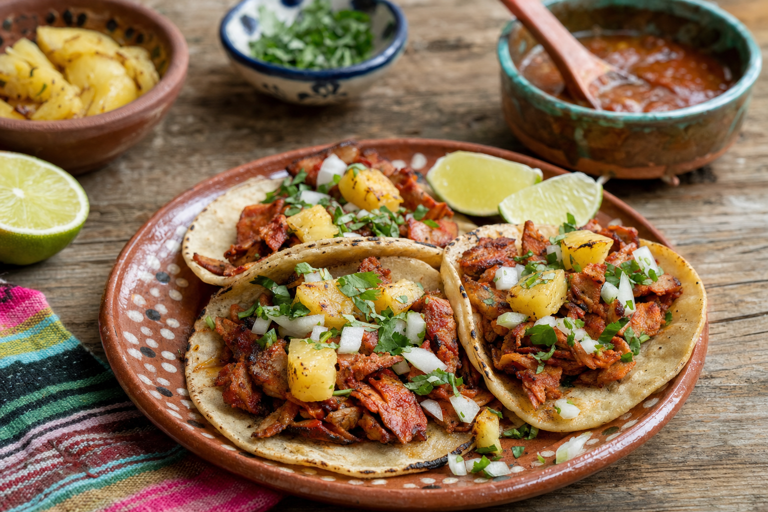 Tacos al pastor — Hauchdünnes Schweinefleisch in Chili-Achiote-Marinade mit gerösteter Ananas