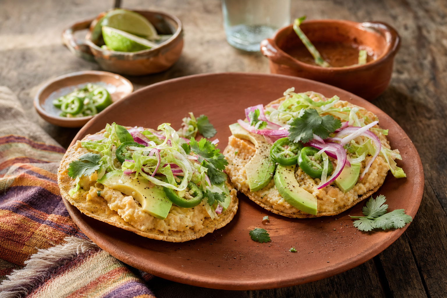 Tostadas — Knusprig gebackene Maistortillas mit cremigem Kichererbsenpüree, Avocado und Jalapeño