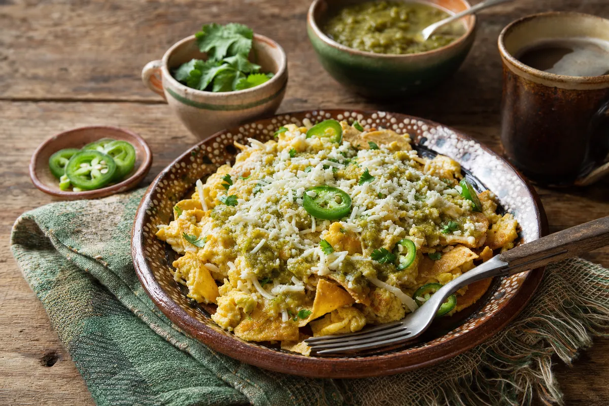 Migas — Rührei mit knusprigen Tortillastücken, Jalapeño und gerösteter Salsa verde