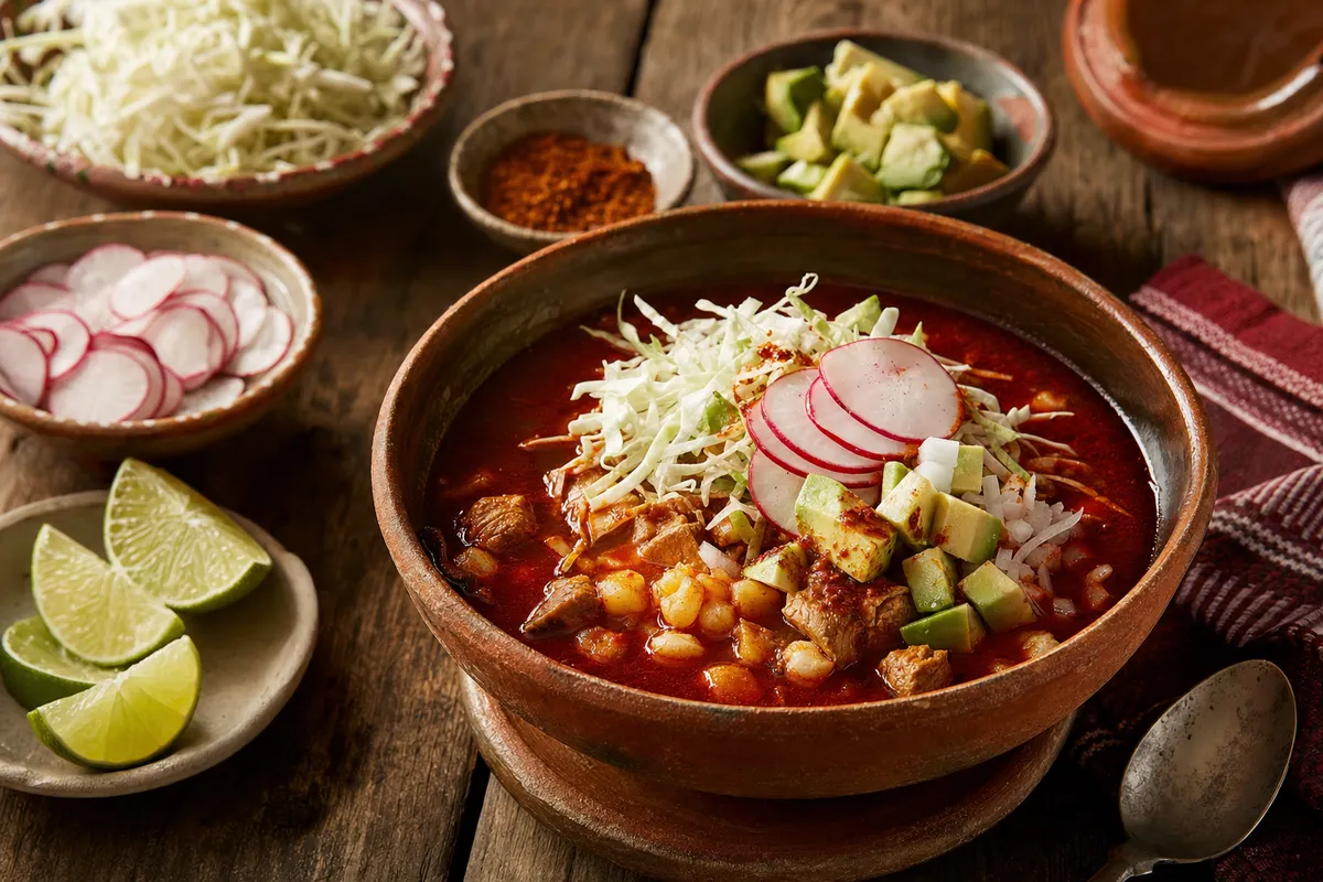 Pozole Rojo — Rote Chilisuppe aus Jalisco mit Schweinefleisch, Mais und frischen Toppings