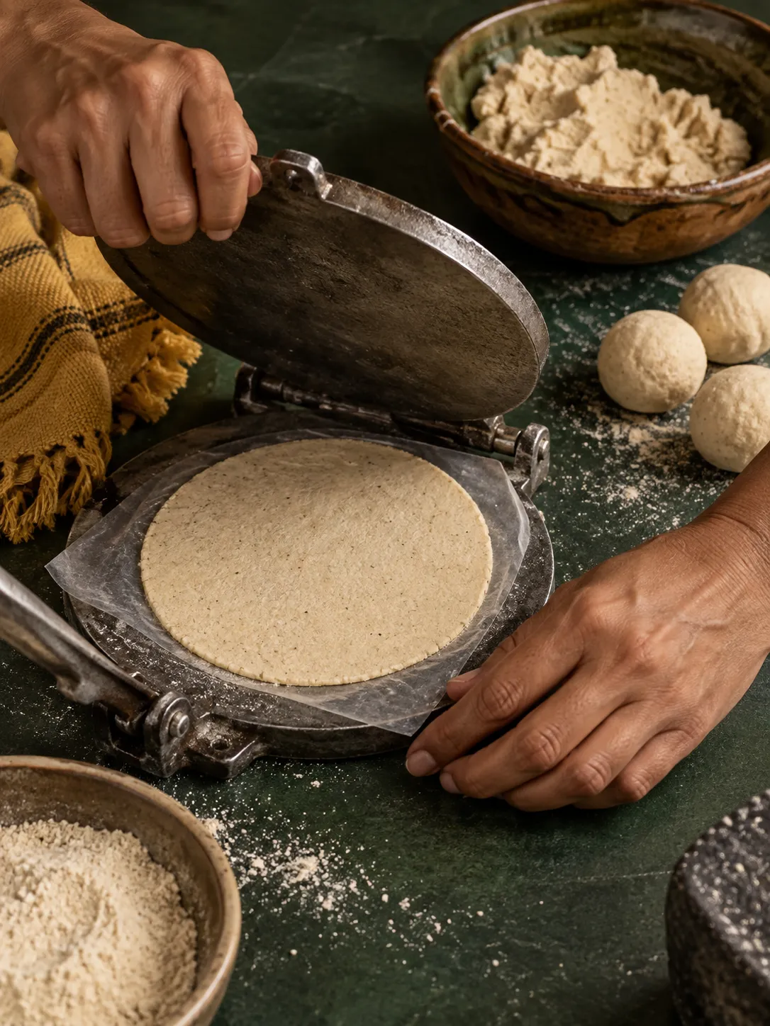 Hände öffnen eine Tortillapresse mit einer frisch gepressten Maistortilla, daneben eine Schale Masa