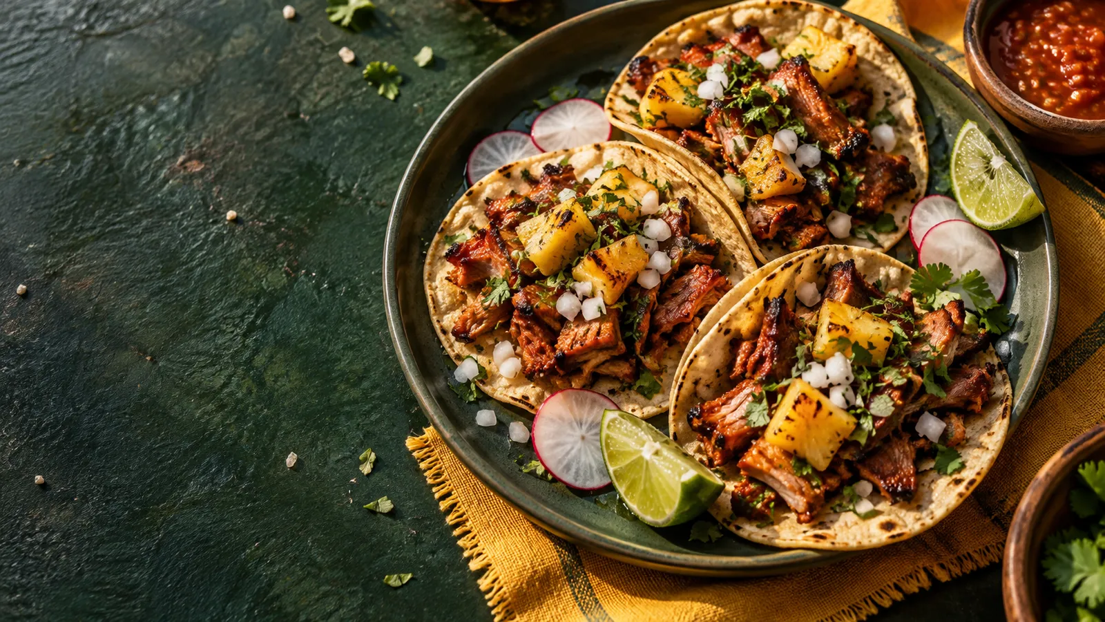 Drei Maistacos mit geröstetem Fleisch, gegrillter Ananas, weißen Zwiebelwürfeln, Koriander und Limette auf einem dunkelgrünen Keramikteller